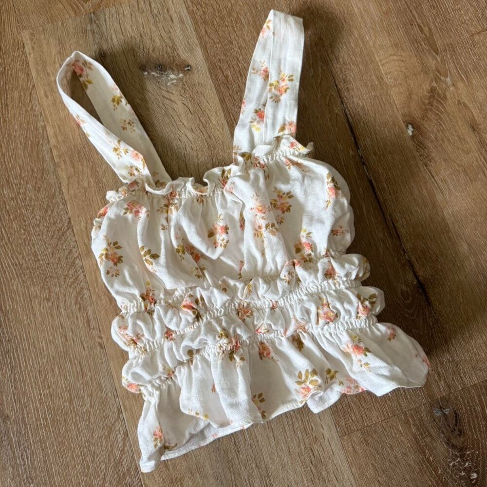 Reformation 100% Linen Floral White Mildred Cinched strapless top‎ size small